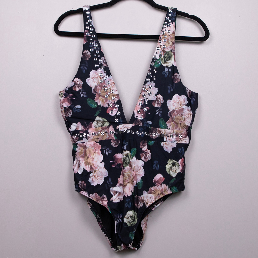 Gianni Bini black floral plunging neckline one piece bathing suit-L